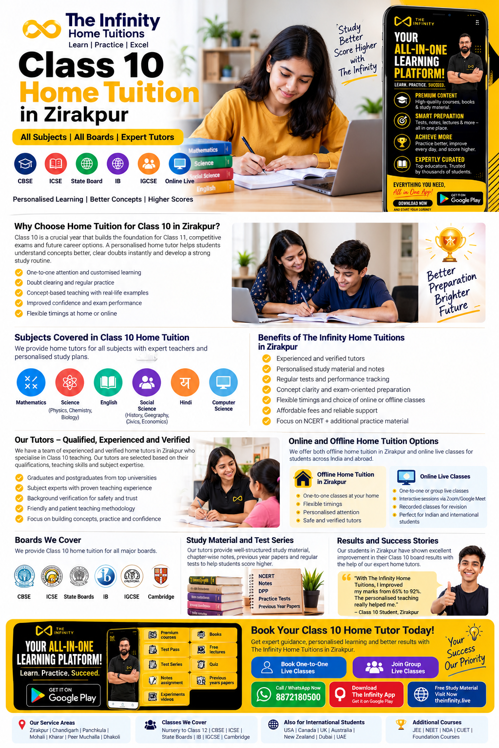 Unique infographic about Class 10 home tuition in Zirakpur, subjects, tutor benefits, learning options and The Infinity app
