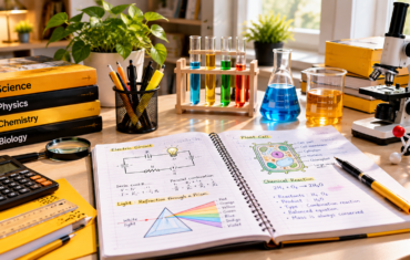 Class 10 Science study desk with Physics circuit notes, plant cell diagram, chemistry glassware and textbooks