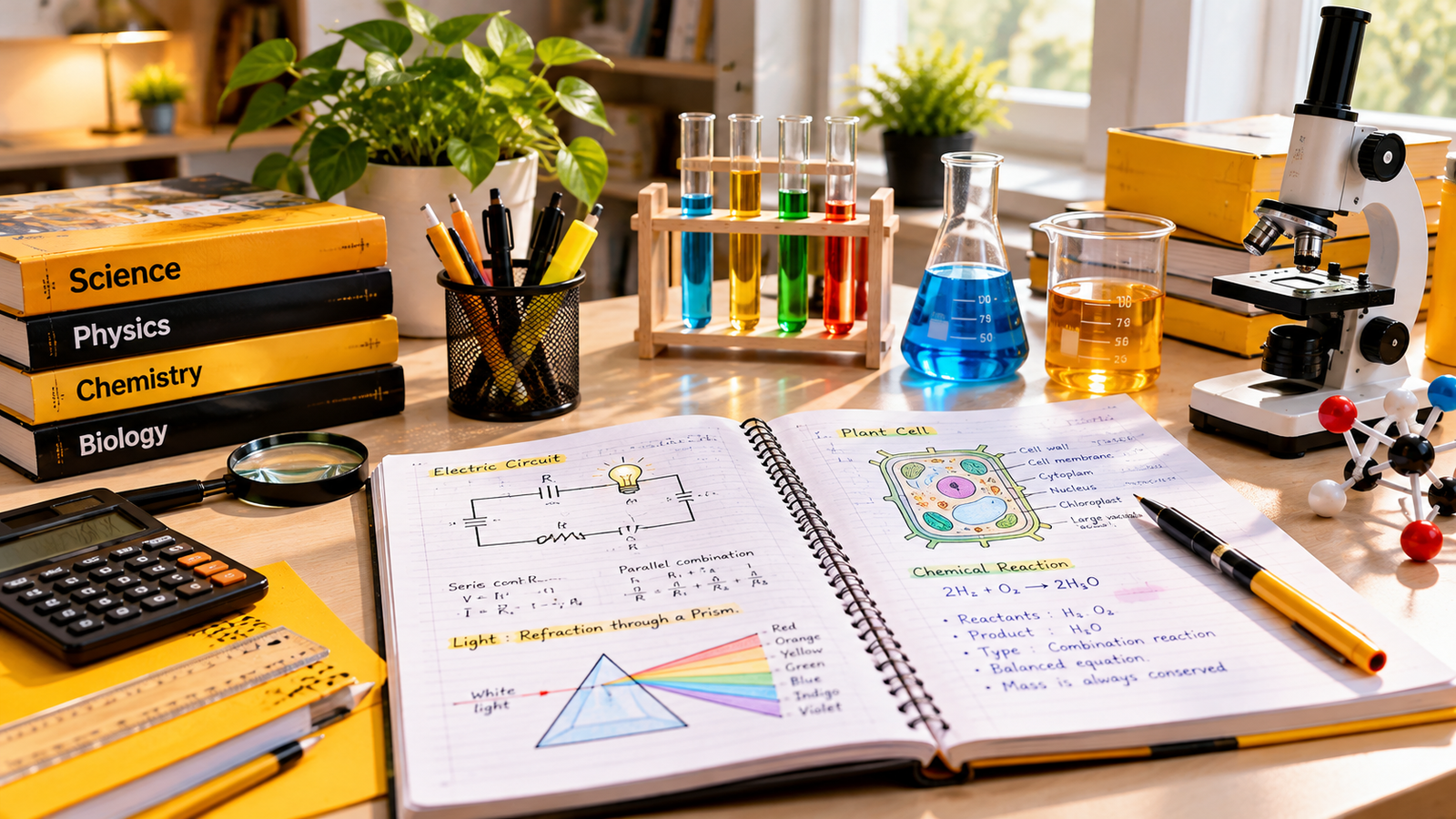 Class 10 Science study desk with Physics circuit notes, plant cell diagram, chemistry glassware and textbooks