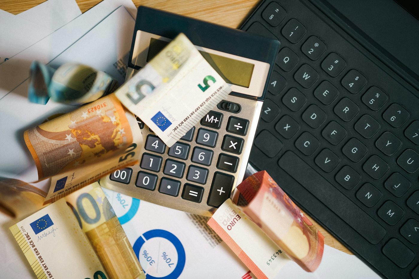 Calculator and financial paperwork for numerical practice