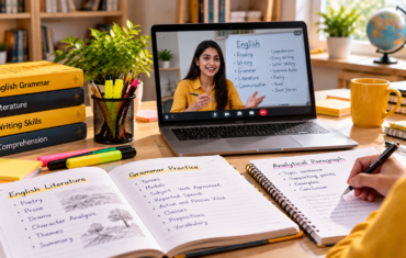 Online Class 10 English tutoring study desk with literature books, grammar notes, analytical paragraph practice and a live online lesson