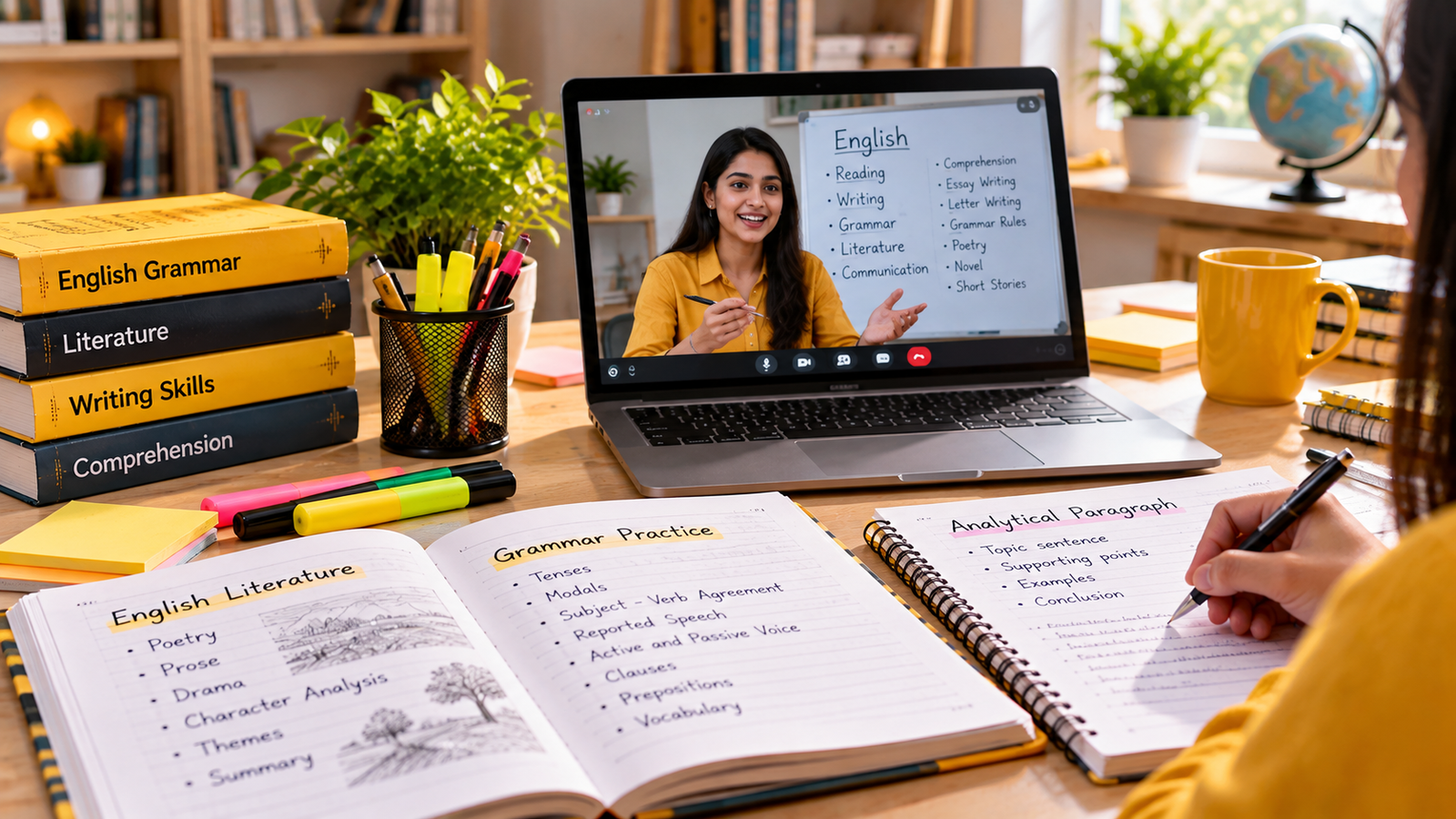 Online Class 10 English tutoring study desk with literature books, grammar notes, analytical paragraph practice and a live online lesson