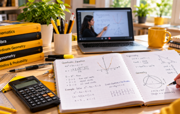 Online Class 10 Maths tutoring study desk with quadratic equations, trigonometry notes, geometry diagrams, calculator and a live lesson