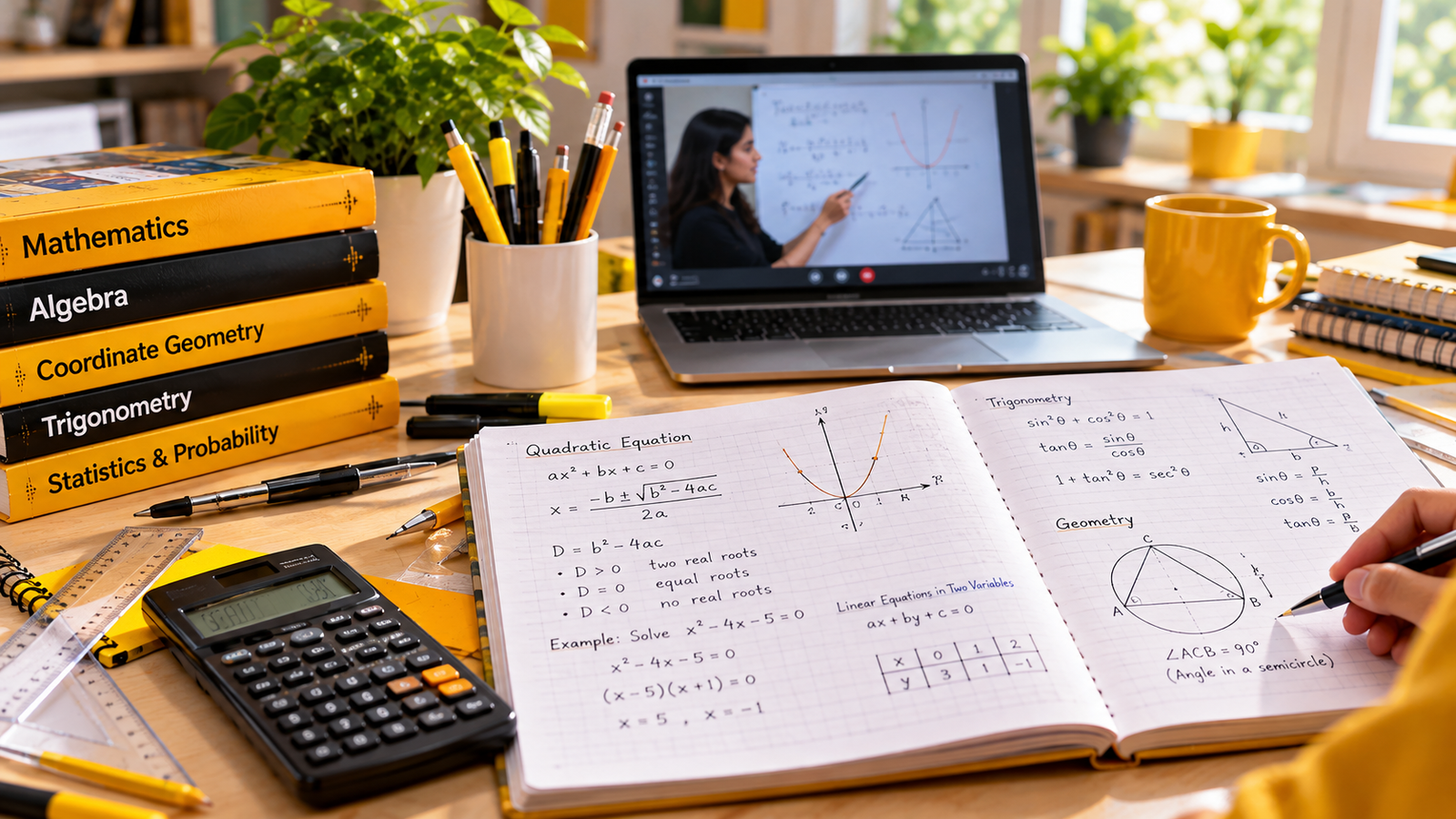 Online Class 10 Maths tutoring study desk with quadratic equations, trigonometry notes, geometry diagrams, calculator and a live lesson