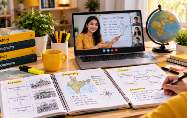 Online Class 10 Social Science tutoring study desk with History timeline, India map, Geography notes, Civics mind map and a live online lesson