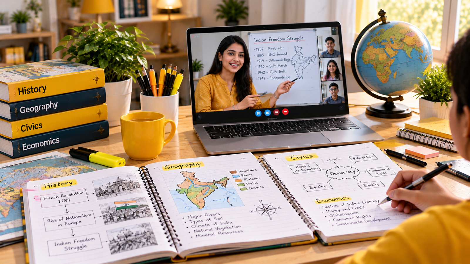 Online Class 10 Social Science tutoring study desk with History timeline, India map, Geography notes, Civics mind map and a live online lesson