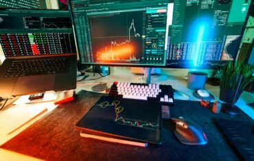 Trading screens with market charts for investment banking and finance study