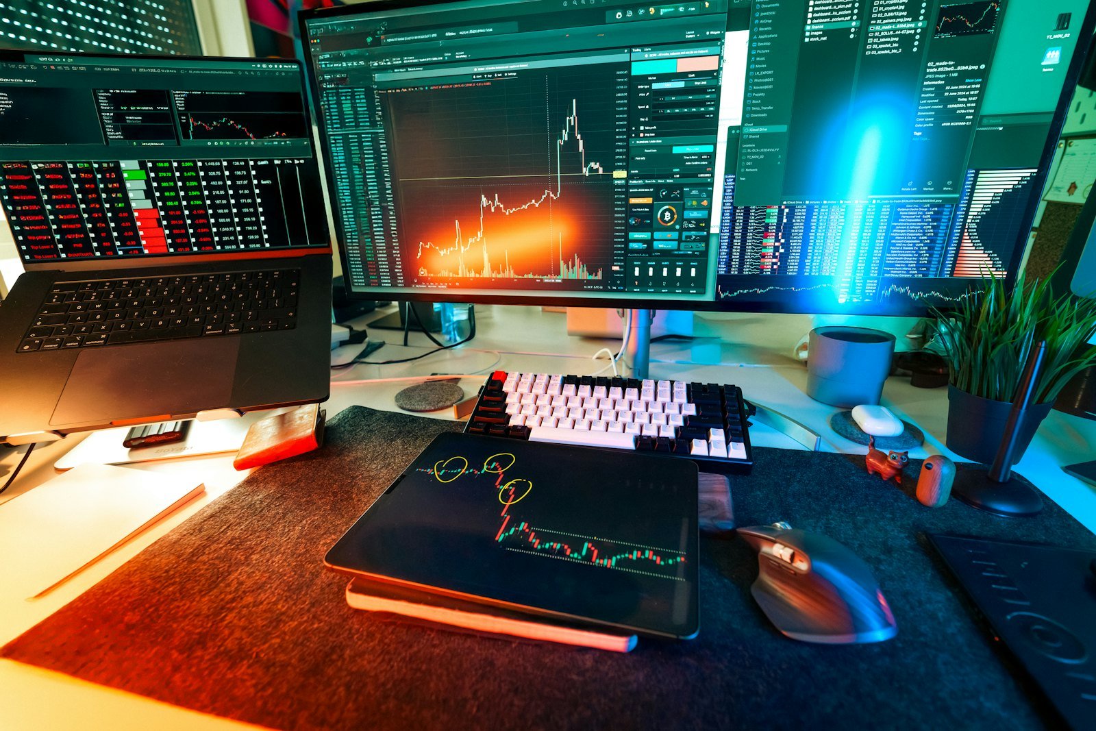 Trading screens with market charts for investment banking and finance study