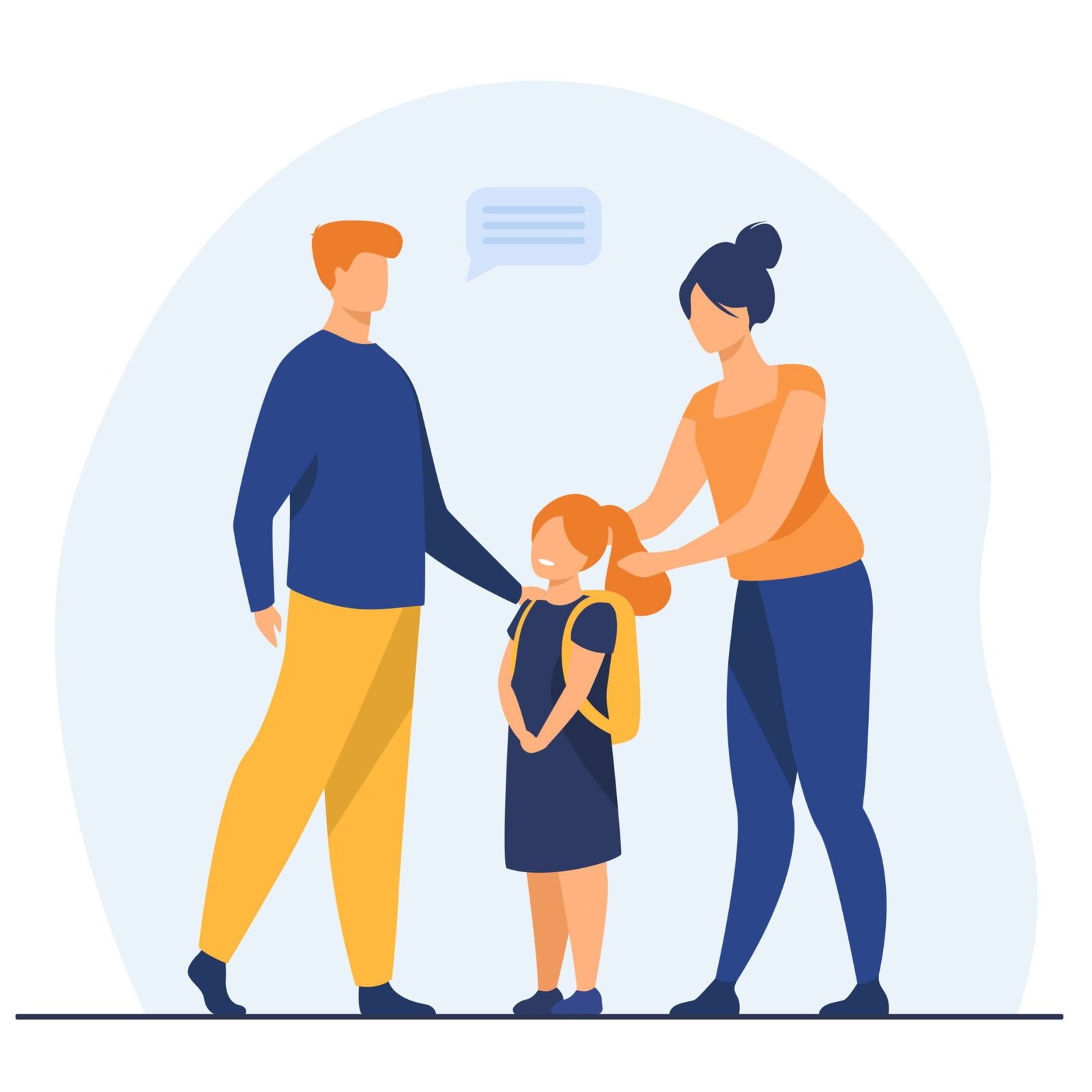 Parents preparing cute daughter to school. Love, study, backpack flat vector illustration. Education and parenthood concept for banner, website design or landing web page
